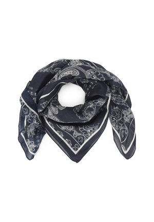 Ciemnoniebieska chusta bandana z białym wzorem paisley i kwiatowym, złożona w luźną pętlę z ostrymi końcami.