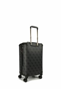 Valigia di dimensioni cabine con motivo nero, manico telescopico, superficie liscia, quattro ruote e chiusura con zip. Arricchita da dettagli in metallo scuro.