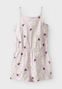 Mono de algodón rosa con un patrón repetido de margaritas y mariquitas, con tirantes finos y una cintura elástica.