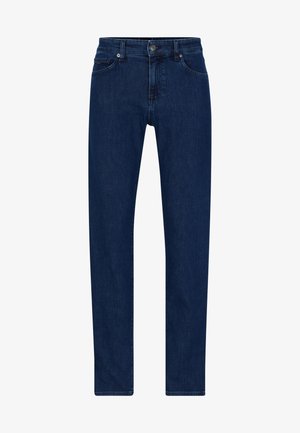 Jean en denim bleu foncé avec une coupe droite, cinq poches et une fermeture à bouton. Présente des coutures discrètes et une texture lisse.