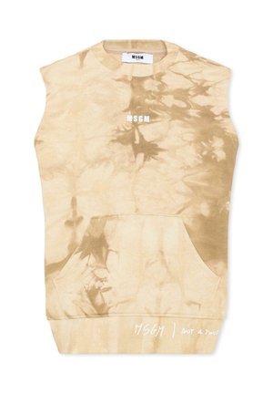 Mouwloze beige tie-dye sweater met voorzak, wit MSGM-logo op de borst en tekst "MSGM | Not A Toy" nabij de zoom.