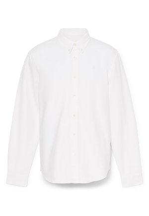 White long-sleeve button-up shirt with a pointed collar, single pocket, and subtle textured fabric. Features button cuffs and a straight hem.