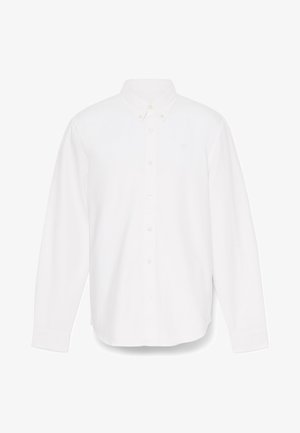 White long-sleeve button-up shirt with a pointed collar, single pocket, and subtle textured fabric. Features button cuffs and a straight hem.