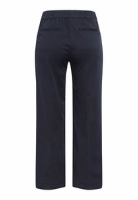 Hochbundhose in Marineblau mit glatter Textur, ausgestattet mit einem elastischen Taillenbund und zwei Gesäßtaschen. Gerades Bein.