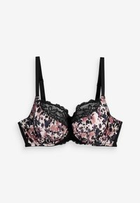 Brista s dubokim izrezom s tkaninom u pink i crnom uzorku leopard, ukrašena crnom čipkom. Podesive naramenice i žičana potpora.