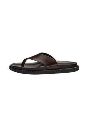 Men's dark brown leather thong sandal with wide strap, cushioned sole, and black stitched outsole, shown in side view on white background.