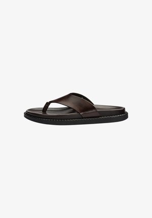 Men's dark brown leather thong sandal with wide strap, cushioned sole, and black stitched outsole, shown in side view on white background.