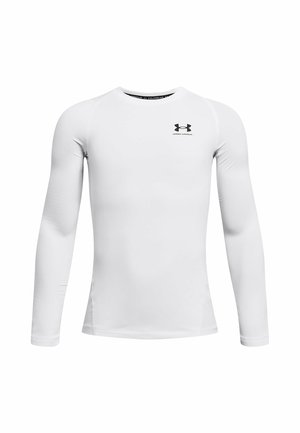 Biała, długosleeve'owa koszulka sportowa wykonana z elastycznego materiału, z okrągłym dekoltem i małym czarnym logo Under Armour na górnej lewej części klatki piersiowej.