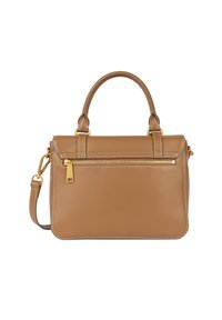 Sac à main en cuir tan avec ferrures dorées, forme structurée, anses supérieures doubles et bandoulière amovible. Comprend une poche zippée à l'avant et des coutures blanches.