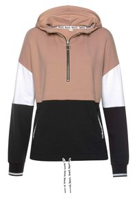 Mikina s kapucí a čtvrtým zipem, s panely v růžové, bílé a černé barvě. Měkká tkanina a detail se stahovacím páskem v pase.