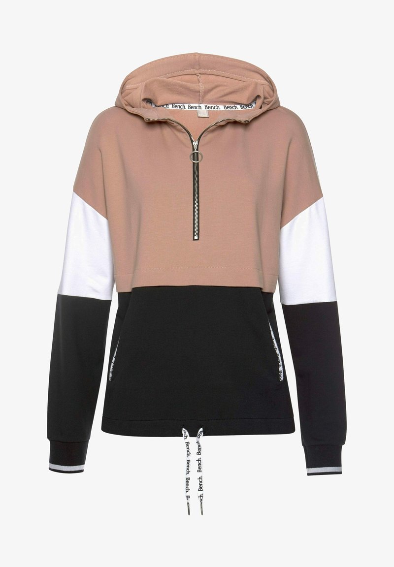 Mikina s kapucí a čtvrtým zipem, s panely v růžové, bílé a černé barvě. Měkká tkanina a detail se stahovacím páskem v pase.