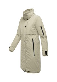 Beige wintercoat met een hoge kraag, sluiting met knopen aan de voorkant, ritszakken en zwarte accenten op de mouwen. Glad, geïsoleerd materiaal.