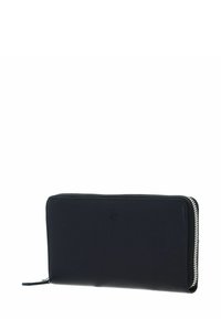 Portafoglio in pelle nera con una consistenza liscia, forma rettangolare e chiusura con cerniera argentata. Presenta un logo in rilievo sulla parte anteriore.