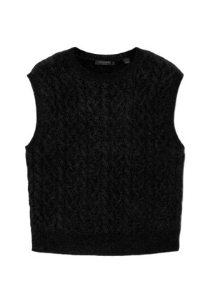 Gilet in maglia nera senza maniche con motivo a treccia e scollatura rotonda.