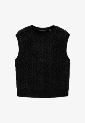 Zwarte mouwloze gebreide sweatervest met kabelpatroon en ronde halslijn.