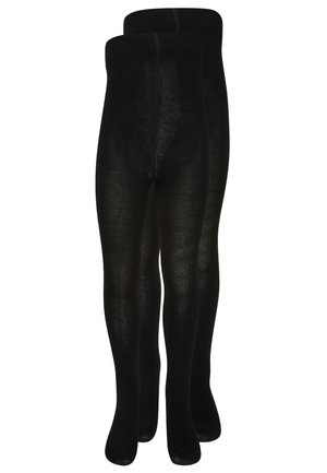 Schwarze undurchsichtige Strumpfhosen mit glatter Textur, ausgestattet mit einem hohen Bund. Entwickelt für Komfort und Wärme, präsentiert in einem Paar.