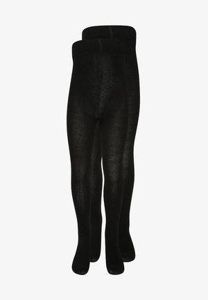 Collant neri opachi con una texture liscia, dotati di un alto elastico in vita. Progettati per comfort e calore, presentati in coppia.