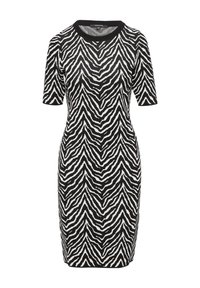 Abito in maglia con un motivo a strisce zebra bianco e nero, maniche corte e scollatura rotonda. Texture liscia con silhouette aderente.