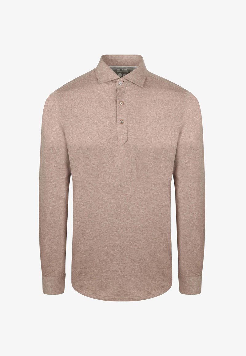 Langärmliges Polo-Shirt in hellem Beige. Hergestellt aus weichem Stoff, mit einer Drei-Knopf-Leiste, Kragen und taillierten Bündchen.