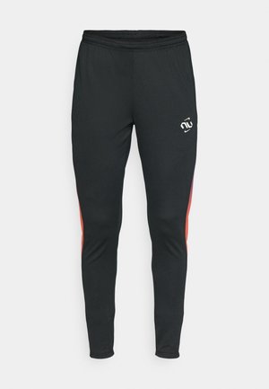 Czarne spodenki sportowe z elastycznym pasem, z pomarańczowymi i fioletowymi paskami po bokach oraz małym logo z przodu.