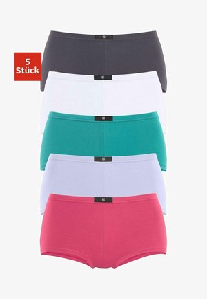 Vijf paar hipsteronderbroeken in grijs, wit, turquoise, lichtpaars en roze. Gemaakt van zachte stof, met een zwarte logo-taillestrap.