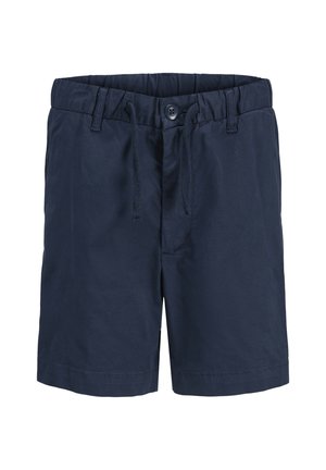 Marineblaue Baumwollshorts mit elastischem Bund, Knopfverschluss, Gürtelschlaufen und vorderen Kordelzügen.
