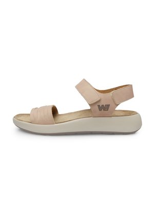 Beige leather sandals with a wide strap over the toes, adjustable velcro ankle strap, cushioned footbed, and a light rubber outsole.