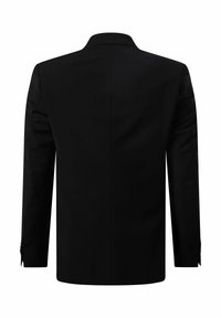 Schwarze Anzugjacke mit strukturiertem Design, einfacher Schlitze und zwei Knöpfen an den Ärmeln. Glatte Textur mit klassischer, maßgeschneiderter Silhouette.