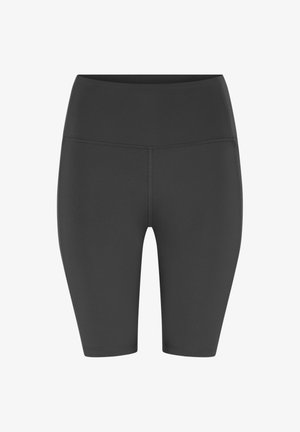 Fekete, magas derekú, térd alatti sport rövidnadrág lapos varrással és sima, rugalmas anyagból.