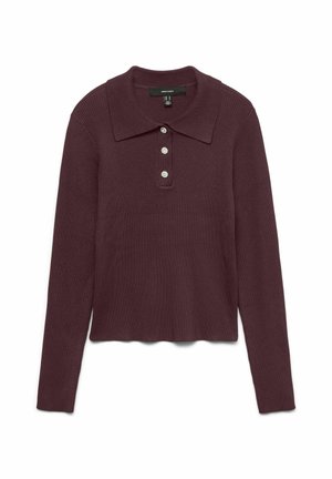 Bordo spalvoto ilgomis rankovėmis polo marškiniai su plačiu apykakle ir keturiais dekoratyviniais mygtukais kaklo srityje, turintys šiek tiek banguotą apačią.