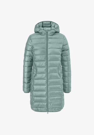 Svetlo zelena, puhovka s kapuco in z zadrgo spredaj, ki ima prešito zasnovo, dve stranski žepi in gladko, sijočo teksturo.