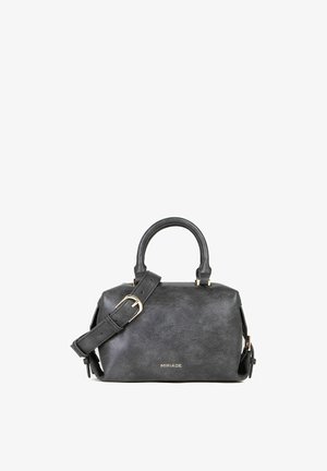 Bolso de mano de imitación cuero negro con forma estructurada, asas dobles, correa de hombro ajustable y herrajes en tono dorado. Nombre de la marca impreso en la parte frontal.