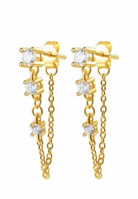 Orecchini in oro con un design a catena che presenta tre gemme trasparenti disposte verticalmente. Ogni orecchino ha una chiusura a perno.