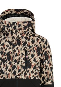 Waterdichte jas met een abstract dierenprint in beige, zwart en roestkleur. Voorzien van een ritszak en een voering van nep-bont.