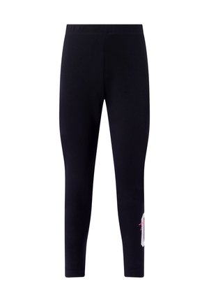 Leggings neri aderenti con un piccolo dettaglio grafico rosa e bianco vicino alla parte inferiore esterna della gamba destra.