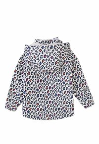 Leopardprint regenjas van lichtgewicht stof, met een capuchon en elastische manchetten. Kleurrijke vlekken in paars, oranje en groen op een witte achtergrond.