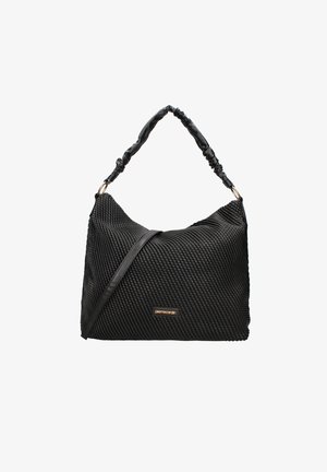 Sac à main tissé noir avec une surface texturée, doté d'une anse froncée souple et d'une sangle ajustable élégante. Accent logo doré visible.