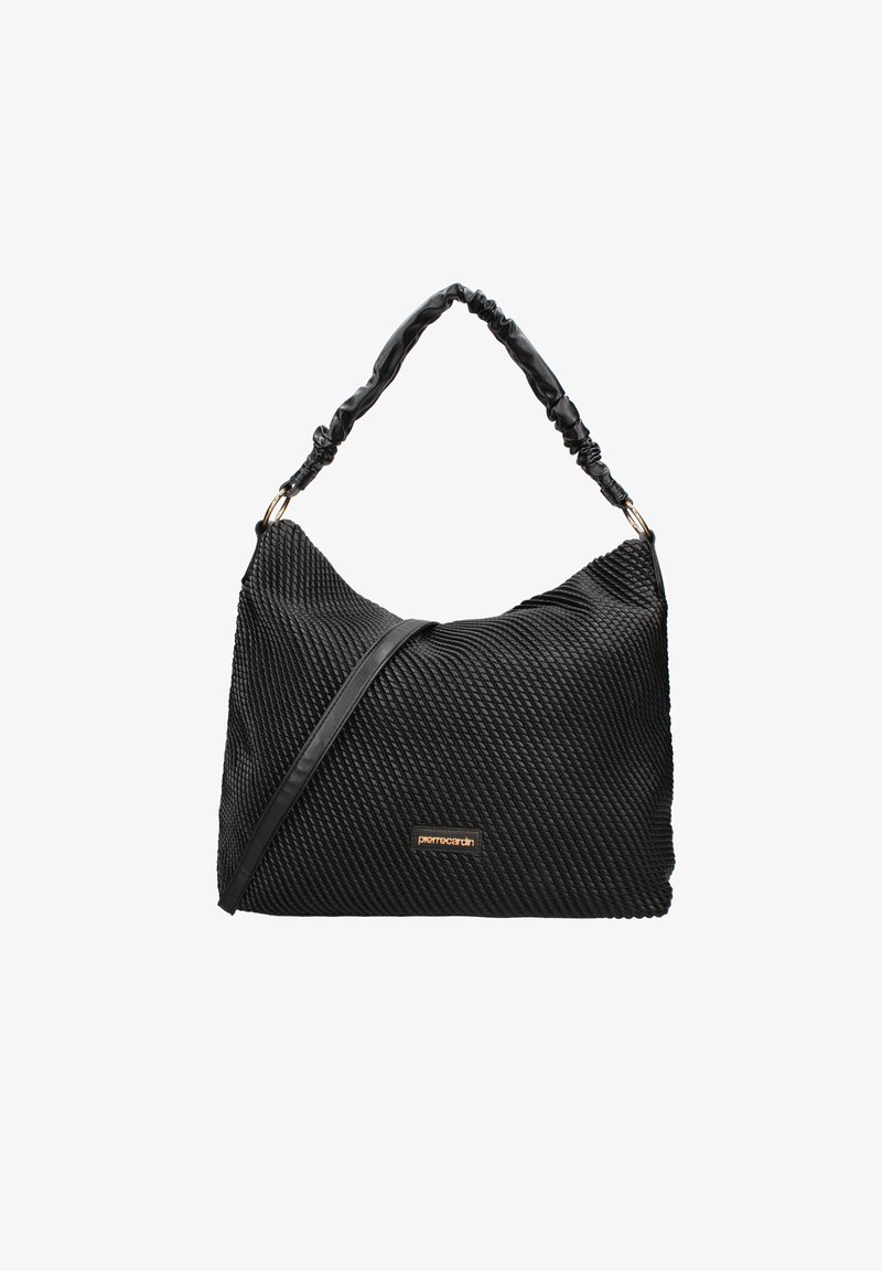 Borsa a tracolla nera intrecciata con superficie testurizzata, dotata di un manico arricciato flessibile e di una tracolla regolabile e slanciata. Accent in oro con il logo visibile.