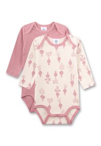 Twee lange mouw babybodysuits in zachtroze en crème. Één heeft een herhalend patroon van speelse figuren; beide hebben drukkers.