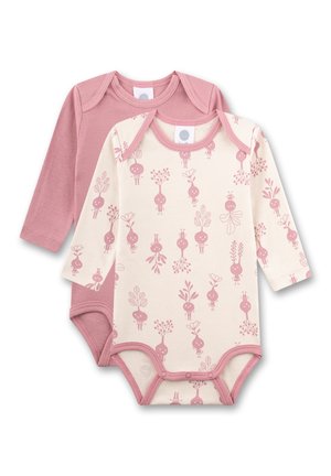 Zwei Langarm-Babybodys in zartem Rosa und Creme. Eines zeigt ein wiederkehrendes Muster mit verspielten Figuren; beide haben Druckknopfverschlüsse.