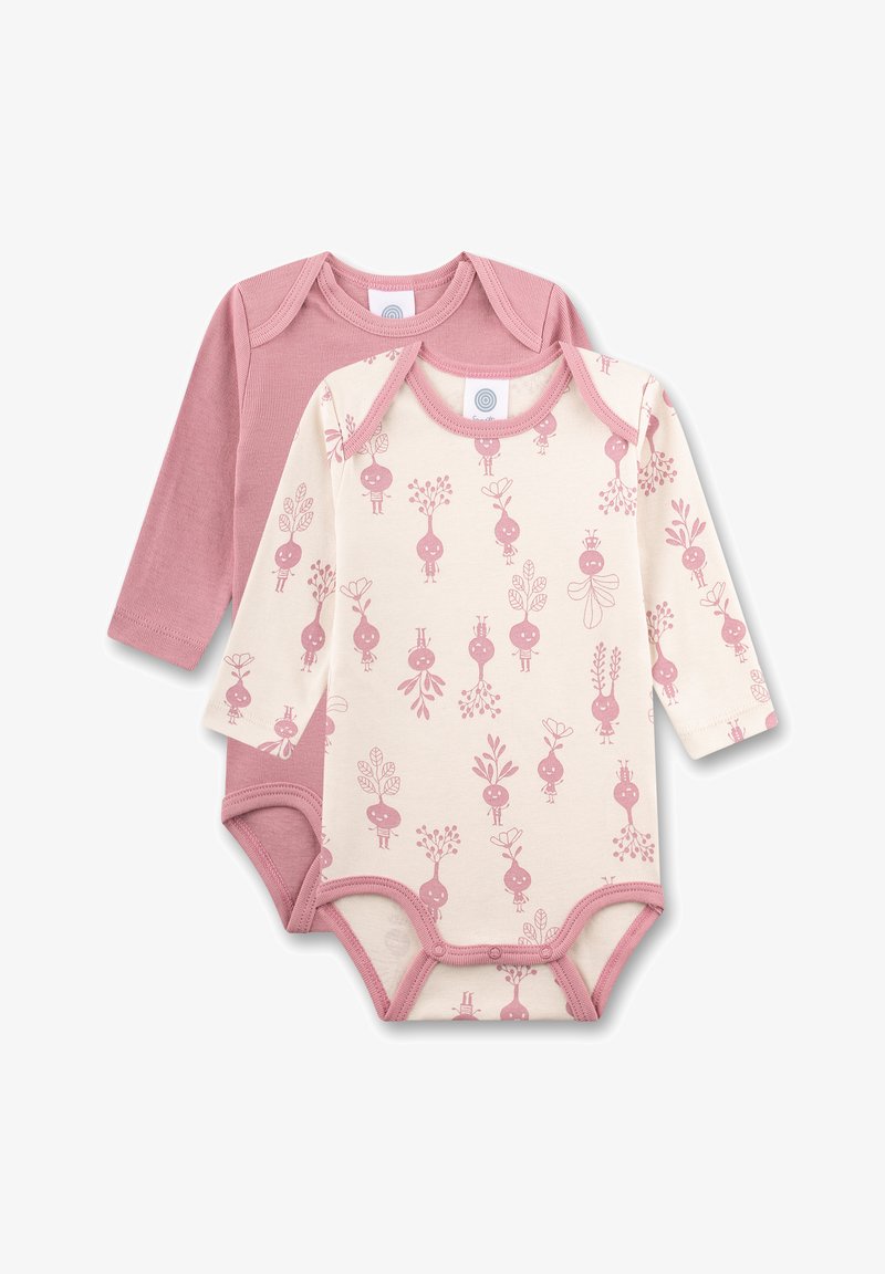 Zwei Langarm-Babybodys in zartem Rosa und Creme. Eines zeigt ein wiederkehrendes Muster mit verspielten Figuren; beide haben Druckknopfverschlüsse.
