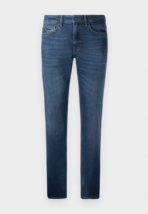 Denim jeans in dark blue, featuring a straight leg cut, five pockets, and light fading. Button and zipper closure at the front.