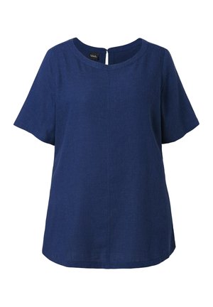 Marineblå kortærmet bluse med rund halsudskæring og en lille nøglehul i ryggen med knaplukning.