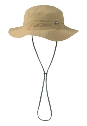 Hellbrauner breitkrempiger Sonnenhut mit verstellbarem Kinnband und kleinem Stofflogo an der Seite.