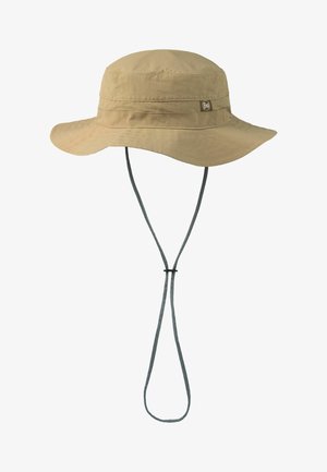 Light brown wide-brimmed sun hat with adjustable chin cord and small fabric logo on the side.