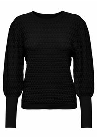 Svart strikkegenser med teksturert design, lange pufferte ermer og ribbestrikkede mansjetter og halslinning. Glatt stoff med et subtilt mønster gjennom hele.