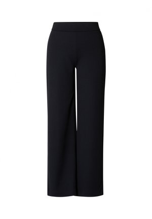 Zwarte, wijde broek met hoge taille en een gladde tailleband, ontworpen voor een ontspannen maar verzorgde pasvorm.