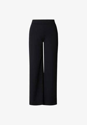 Zwarte, wijde broek met hoge taille en een gladde tailleband, ontworpen voor een ontspannen maar verzorgde pasvorm.