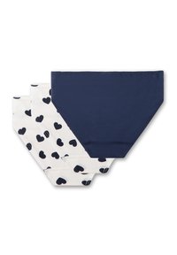 Set aus drei Damen-Slips: ein einfarbiges Marineblau, zwei weiße mit schwarzherzlichem Muster. Baumwollmaterial, mittelhoher Schnitt und elastische Taillenbänder.