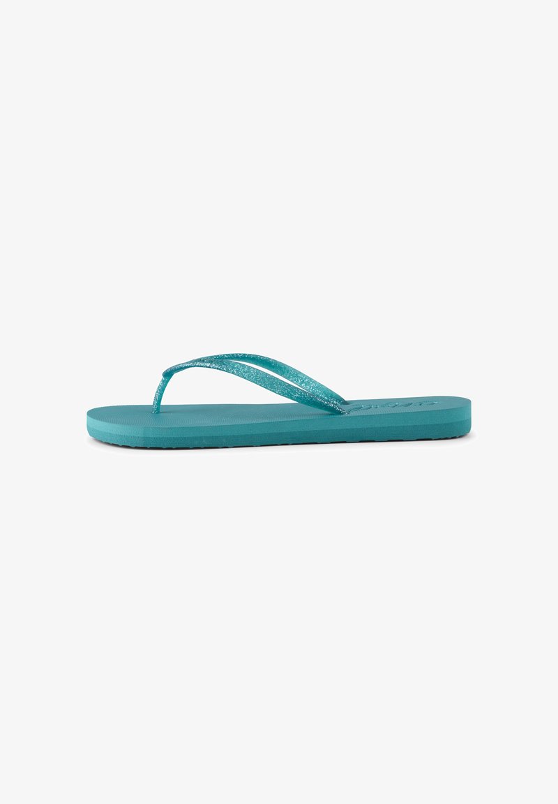 Tong flip-flop turquoise avec une semelle texturée, dotée de fines lanières et d'un accent pailleté sur les lanières. Design plat, matériau léger.